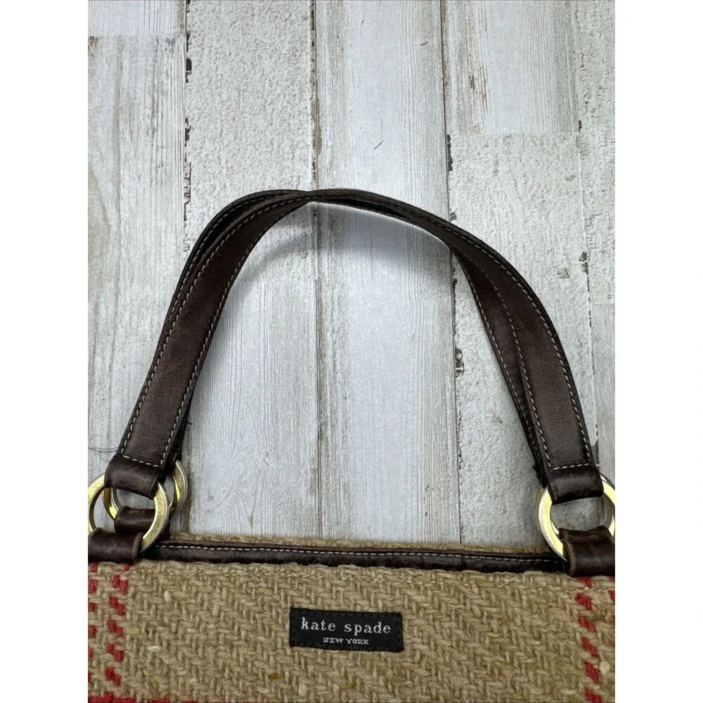 Kate Spade Vintage Tan Plaid Wool & Leather Double Handle Satchel Handbag Purse